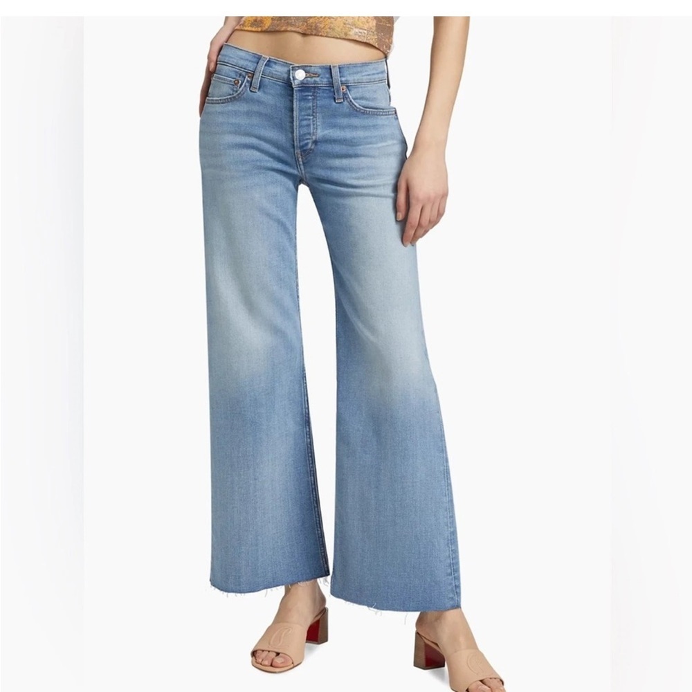 NWT RE/DONE Blue Comfort Stretch Mid Rise Wide Leg Crop Jeans 23‎ button fly